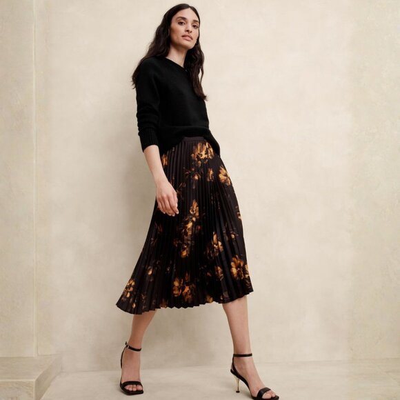 Banana Republic Factory Silky Pleated Midi Skirt – Yellow Floral – SZ 12 (NWT) - Picture 1 of 5